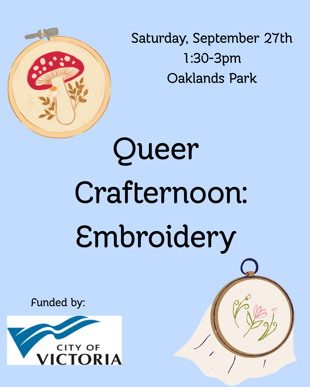 Clip art of flower and mushroom embroidery and text reading Queer Crafternoon: Embroidery