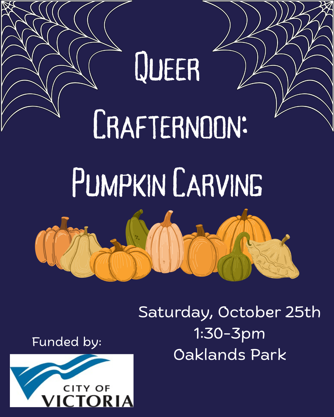 Poster with pumpkin and spiderweb clipart. Text reads Queer Crafternoon: Pumpkin Carving