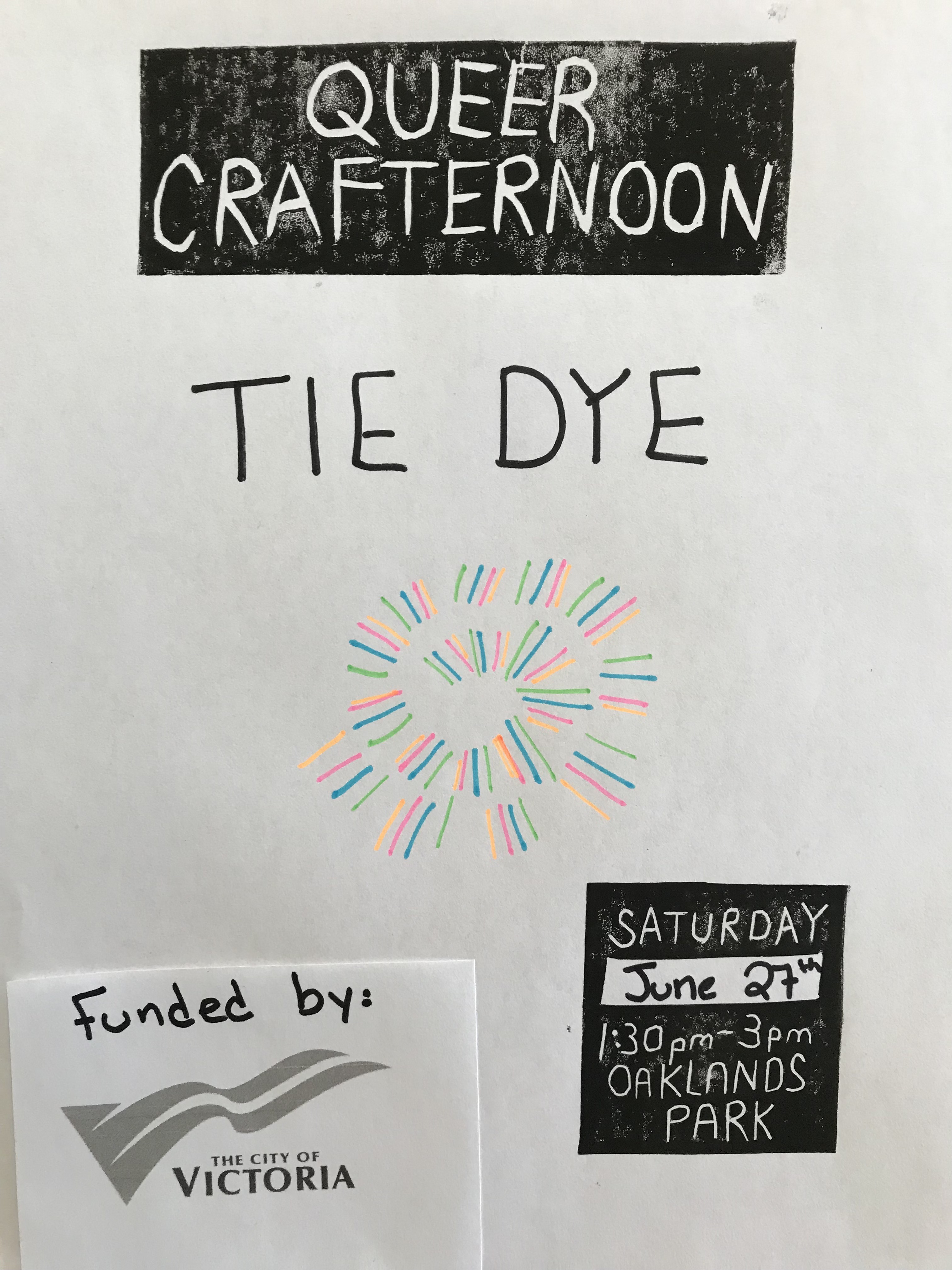 Linocut poster with text reading Queer Crafternoon: Tie Dye and colourful swirl drawing