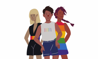 3 cartoon people in pride colours