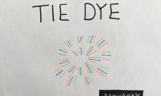 Linocut poster with text reading Queer Crafternoon: Tie Dye and colourful swirl drawing