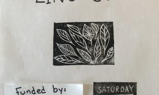 A handprinted poster reads "Queer Crafternoon: Lino cut. Saturday August 29 1:30-3 Oaklands Park. Funded by City of Victoria"