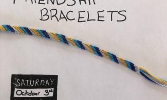 A handprinted poster reads "Queer Crafternoon: friendsip bracelets. Saturday October 3rd 1:30- 3 PM Oaklands Park. Join us for our final Crafternoon!" A woven friendship bracelet is overlaid on top
